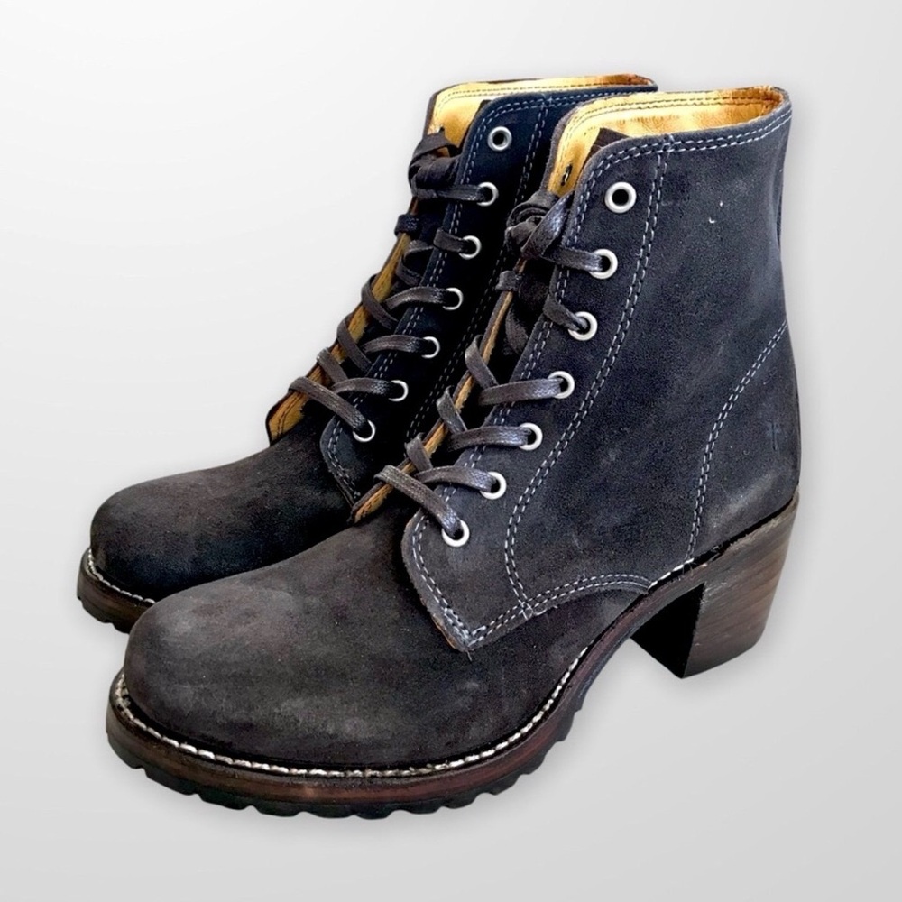 RARE Frye Sabrina 6G Grey Suede/Leather Lace Up Combat Moto Heeled Ankle Booties - Picture 7 of 7